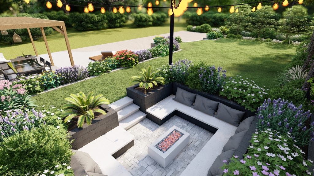 Professioneel 3D tuinontwerp voor een luxe tuin met bestrating, vlonders en moderne beplanting in Noord-Holland.